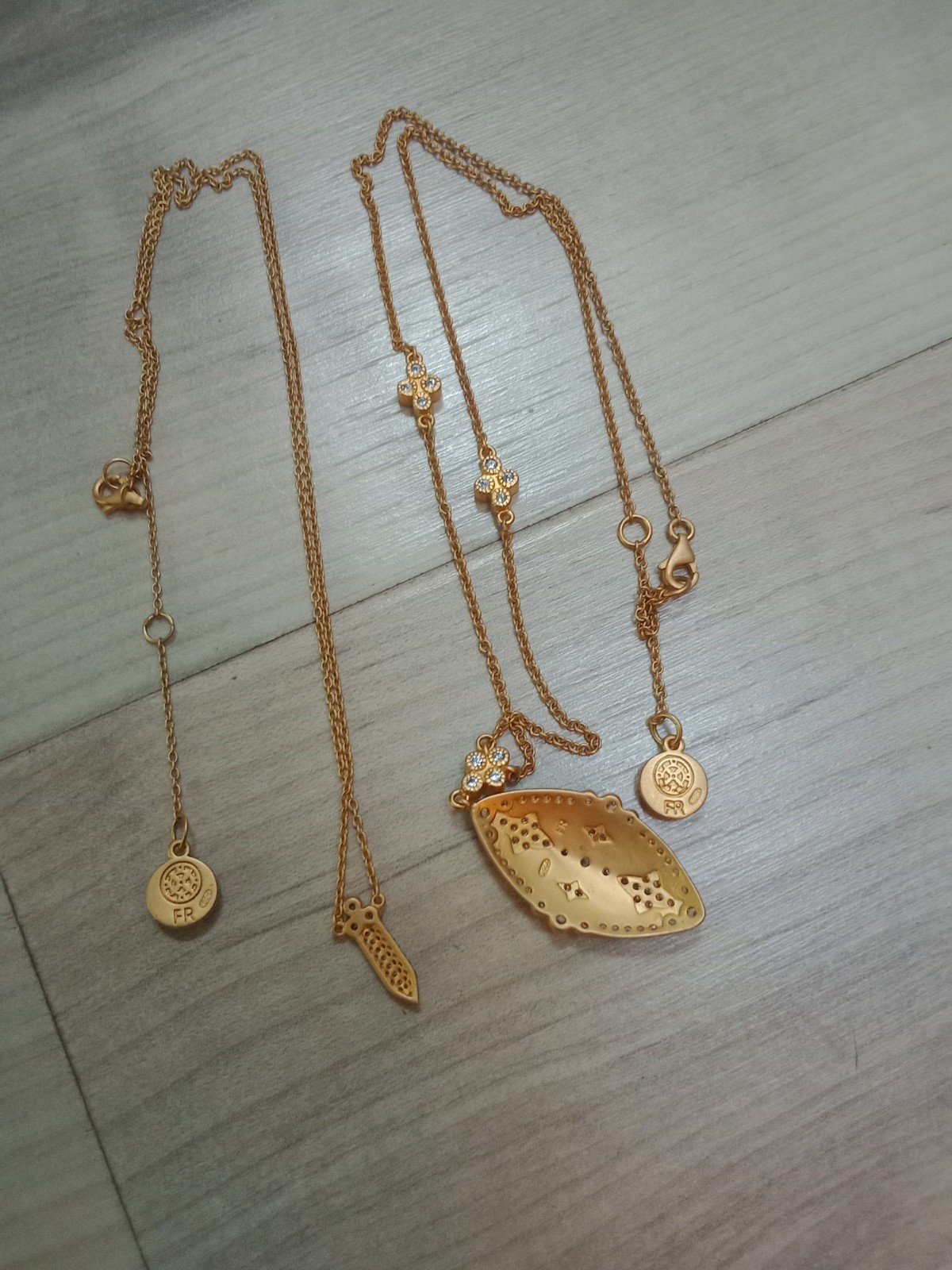 2 Gold Tone Freida Rothman Necklaces Stamped 925 Gray & CZ Accents