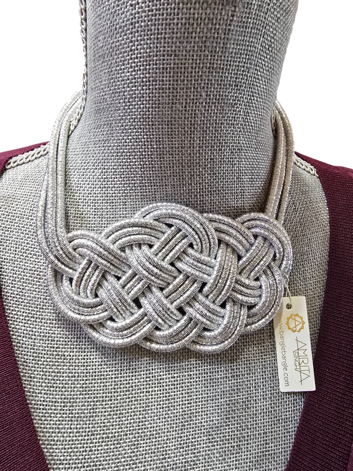 Amrita Singh Silver Bib Necklace Statement Braided Rope Magnetic Clasp NWT