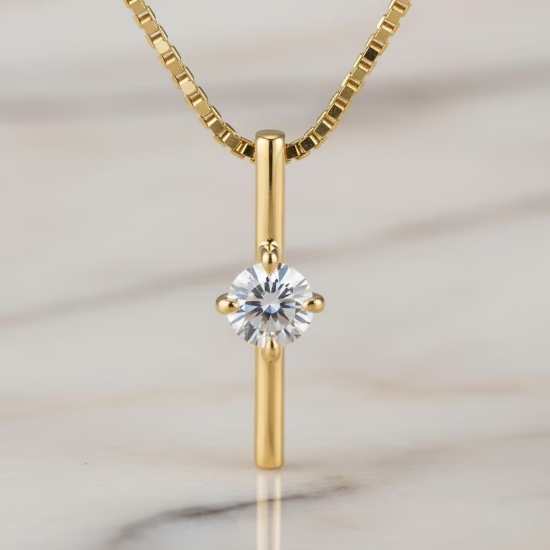 2.0Ct Round Cut Bar Pendant Necklace Simulated Diamond In 14k Yellow Gold Plated