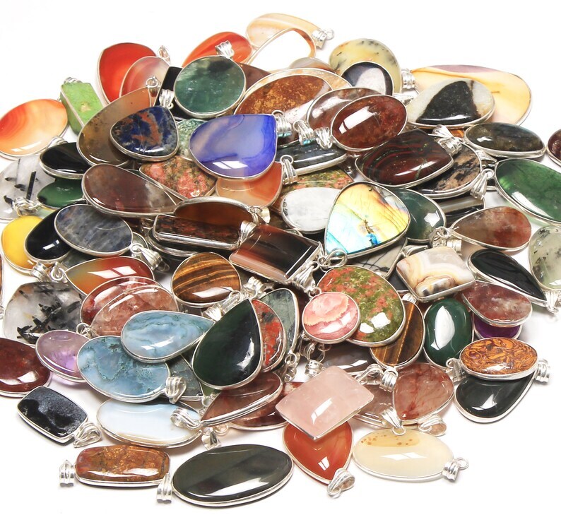 Bezel Pendant,Natural Gemstone Pendant Lot,925 Silver Plated Brass Pendant Lot~