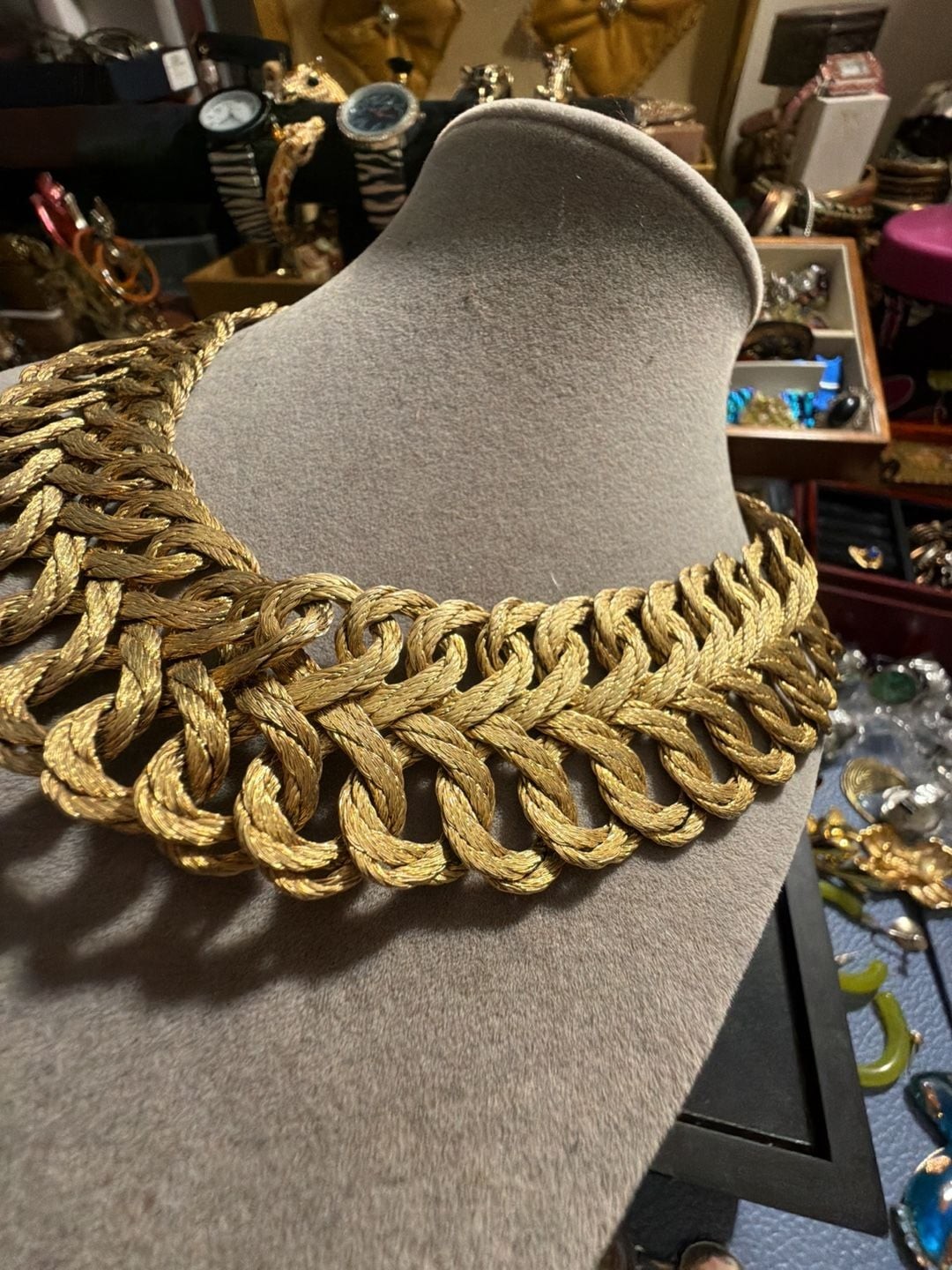 Vintage Gold Tone Woven Statement Collar Necklace