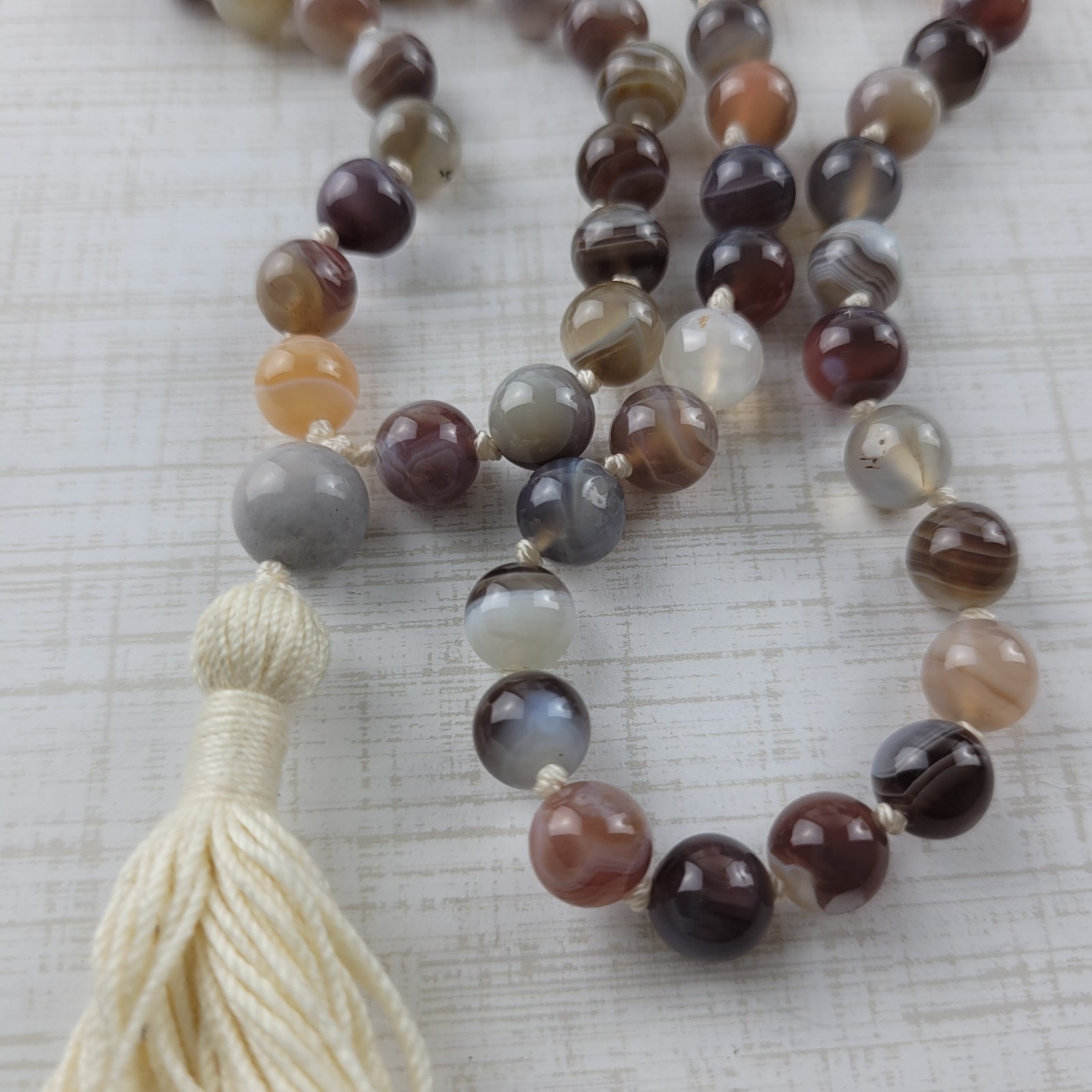 Agate Prayer Bead Necklace Hand Knotted Multi Color 38″