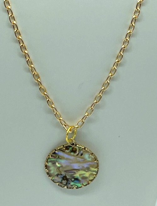 Necklace Gold Tone 28 mm Round Earth Tone Abalone on 24″ Gold Stamped Chain