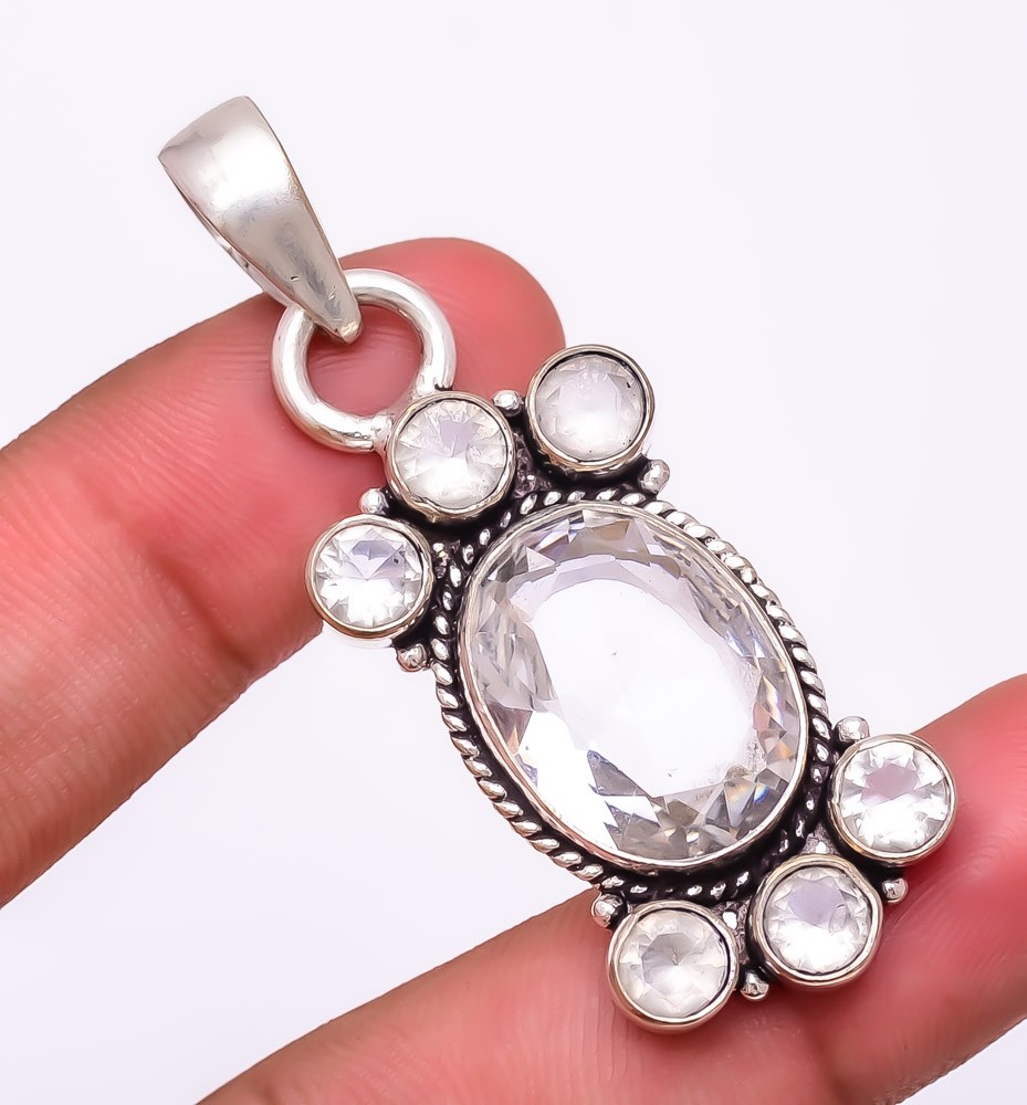 White Topaz Gemstone 925 Silver Plated Jewelry Pendant 2.1″ F2627
