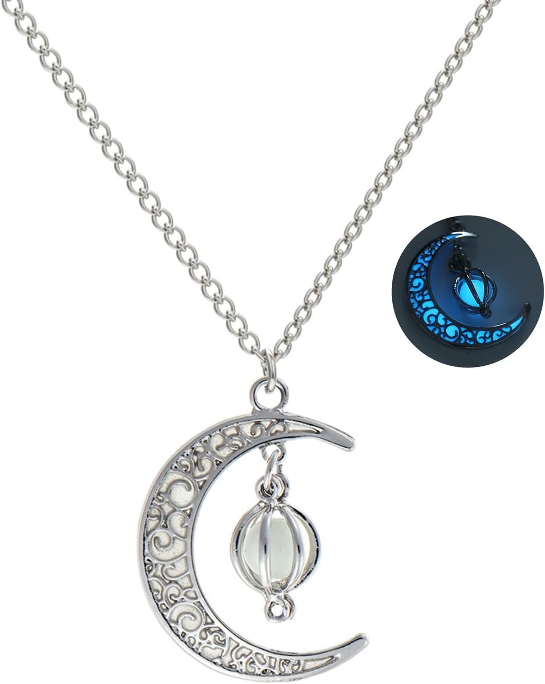 Enchanting Glow in the Dark Silver Crescent Moon & Orb Necklace – Sky Blue Charm
