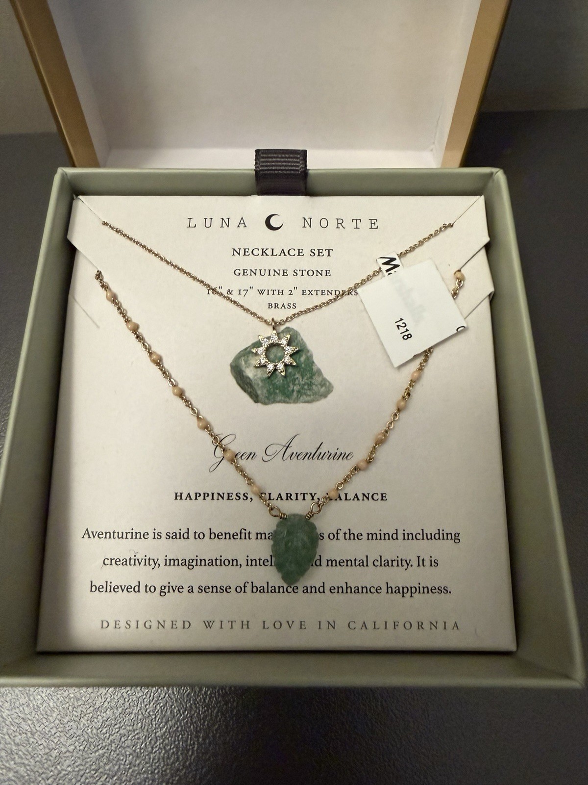 Luna Norte Green Aventurine Brass Pendant Necklace 16-17in +2in Ext Adjustable