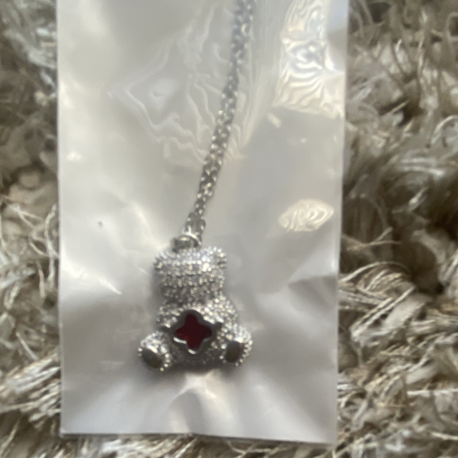 Stainless Steel Teddy Bear Charm Pendant Necklace White Crystal Cable Chain