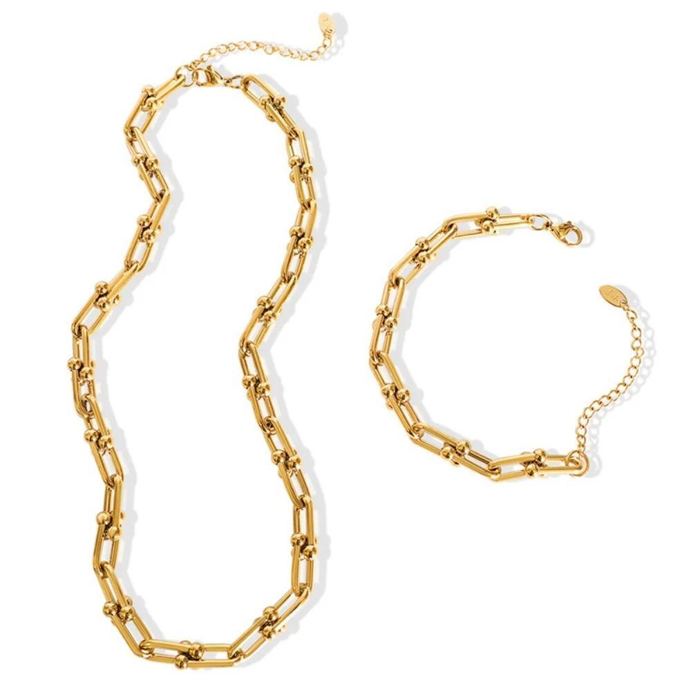 Fashion 18K Gold Thick Chain Necklace Bracelet Set Waterproof Jewelry for Women