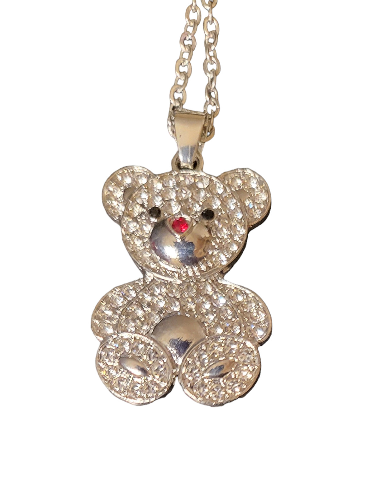 Silvery Rhinestones Teddy Bear Pendant Necklace – New