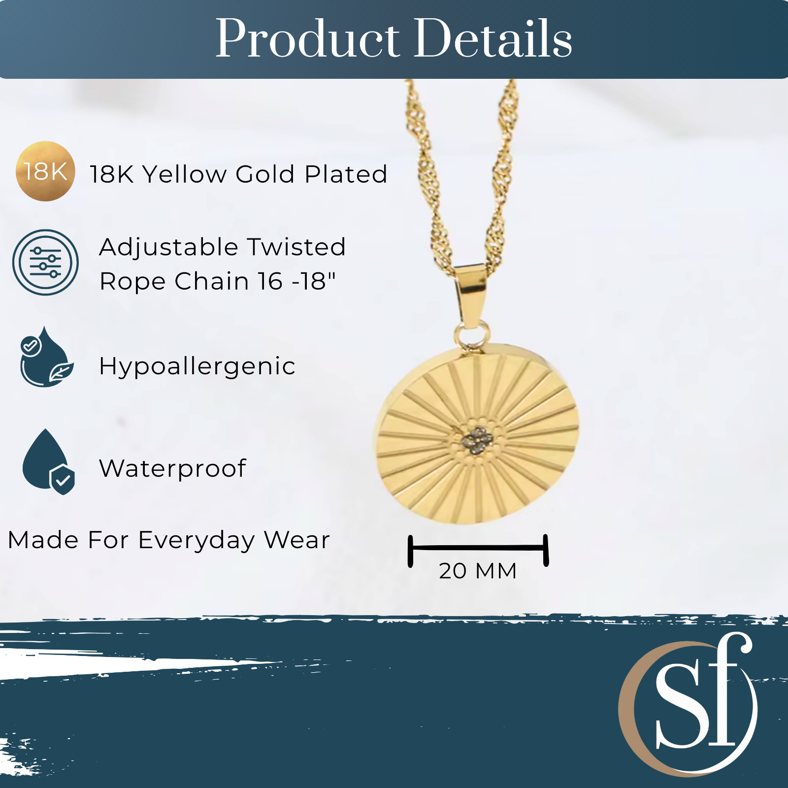 Sunbeam Coin Pendant Necklace | Waterproof Rope Chain | 18K Yellow Gold