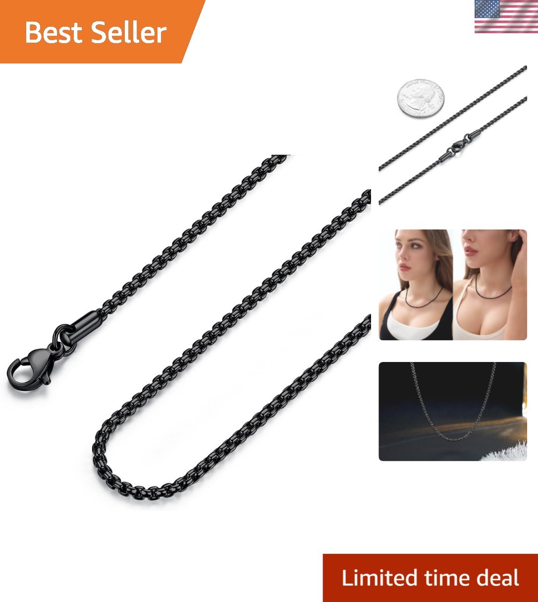 Mens Womens Stainless Steel Black Rolo Cable Chain Necklace, Wide 2/3/4/5mm