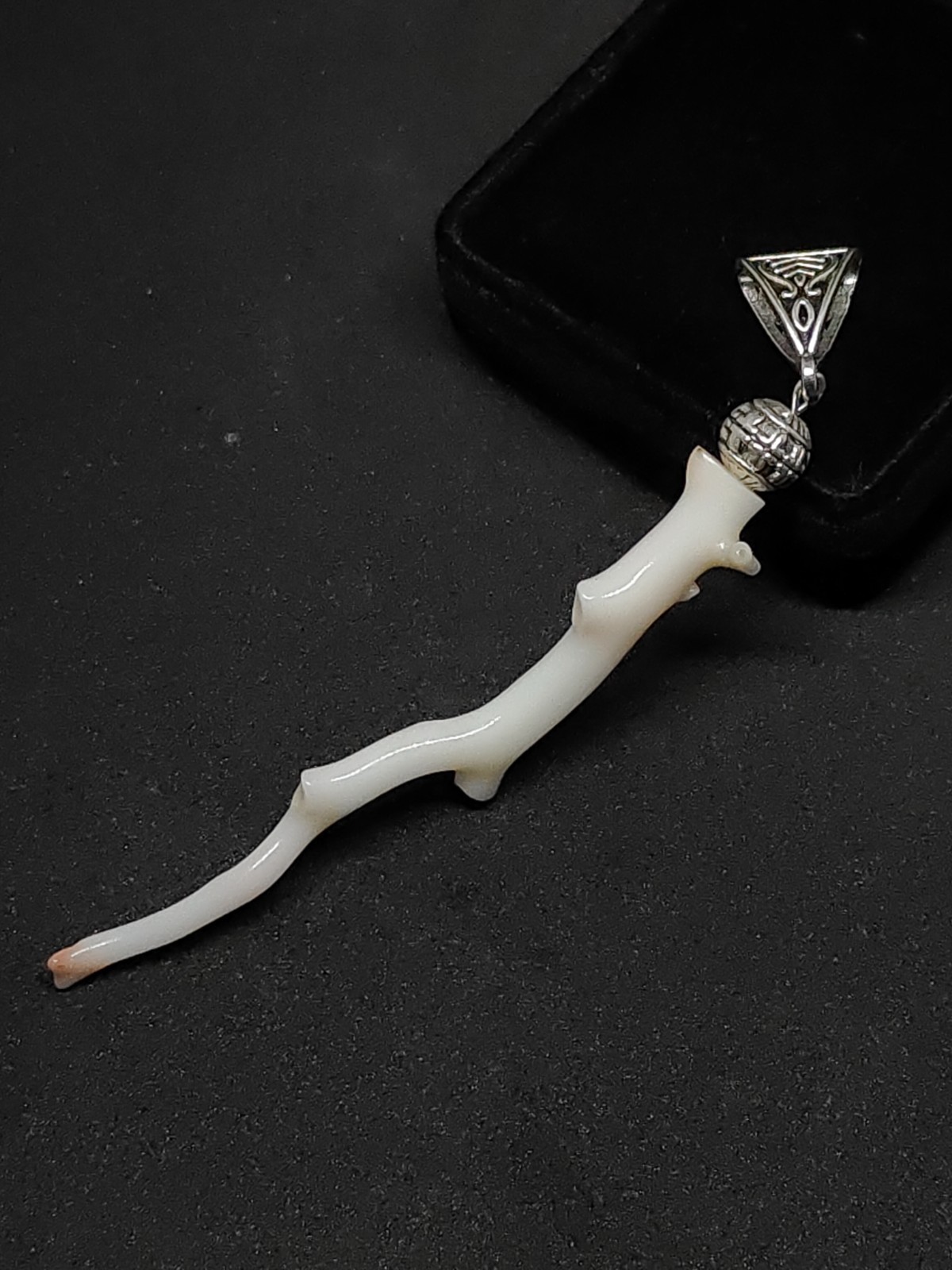 Large White Pink Stick Coral Branch Pendant: Silver Brass & Natural Branch