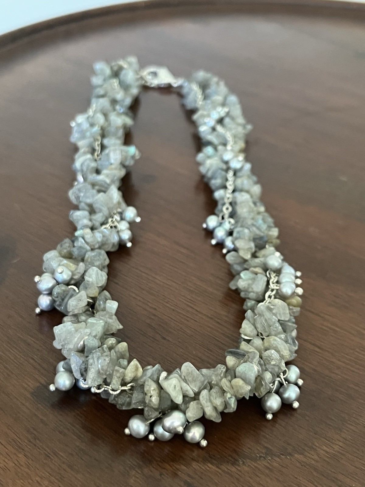 Labradorite and Pearl Statement Necklace 16″ – Beaded Collar Multi Strand Twist