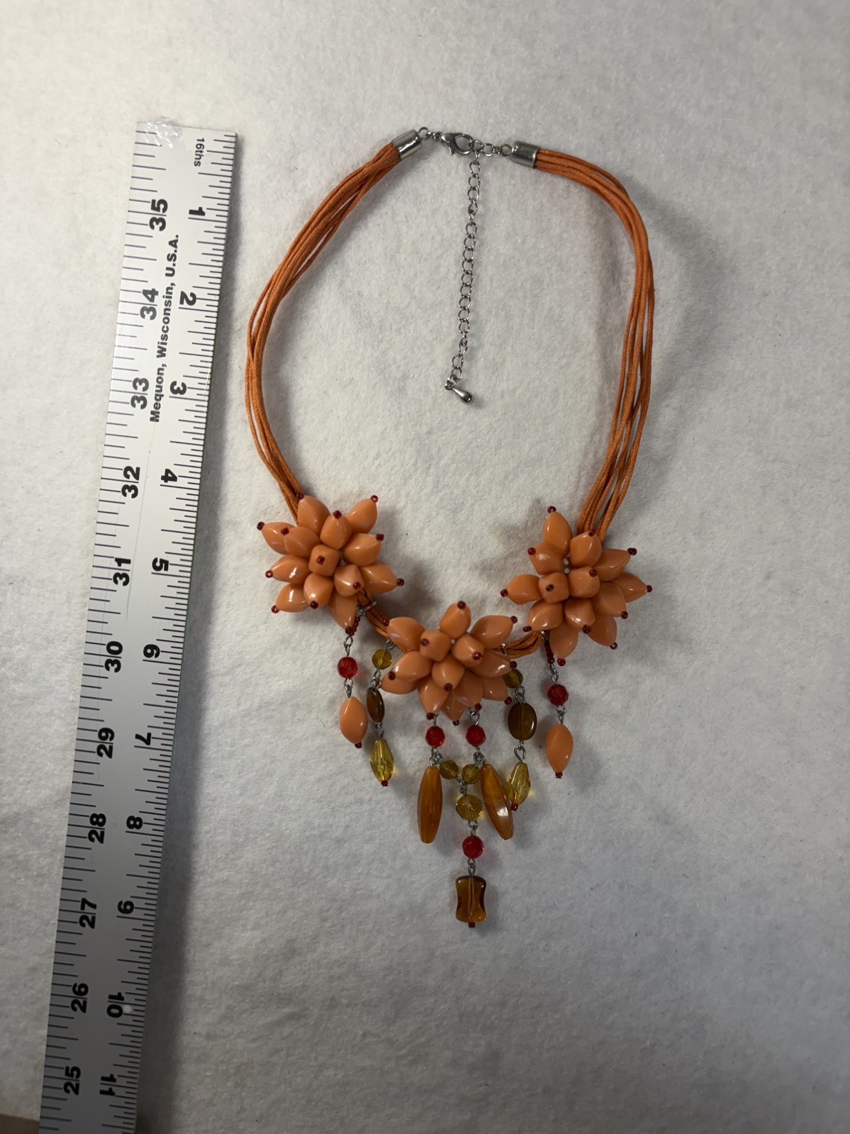 Orange Resin Floral Cluster Statement Necklace with Banana-Amber Dangles