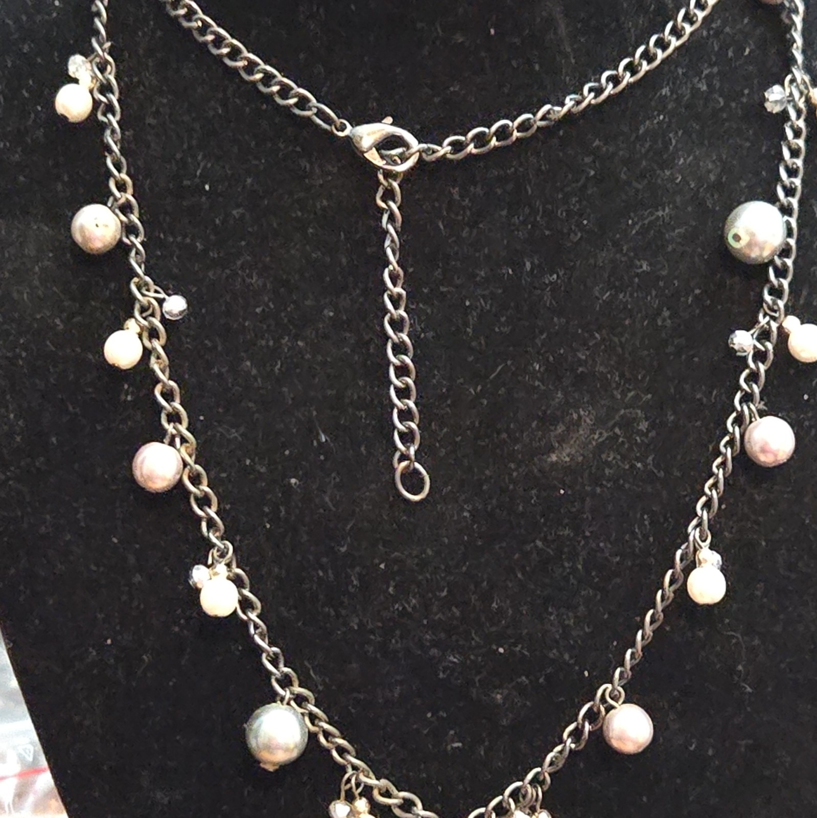 Silver Tone Cable Chain Necklace Faux Pearl Dangles Round Rhinestone Charm