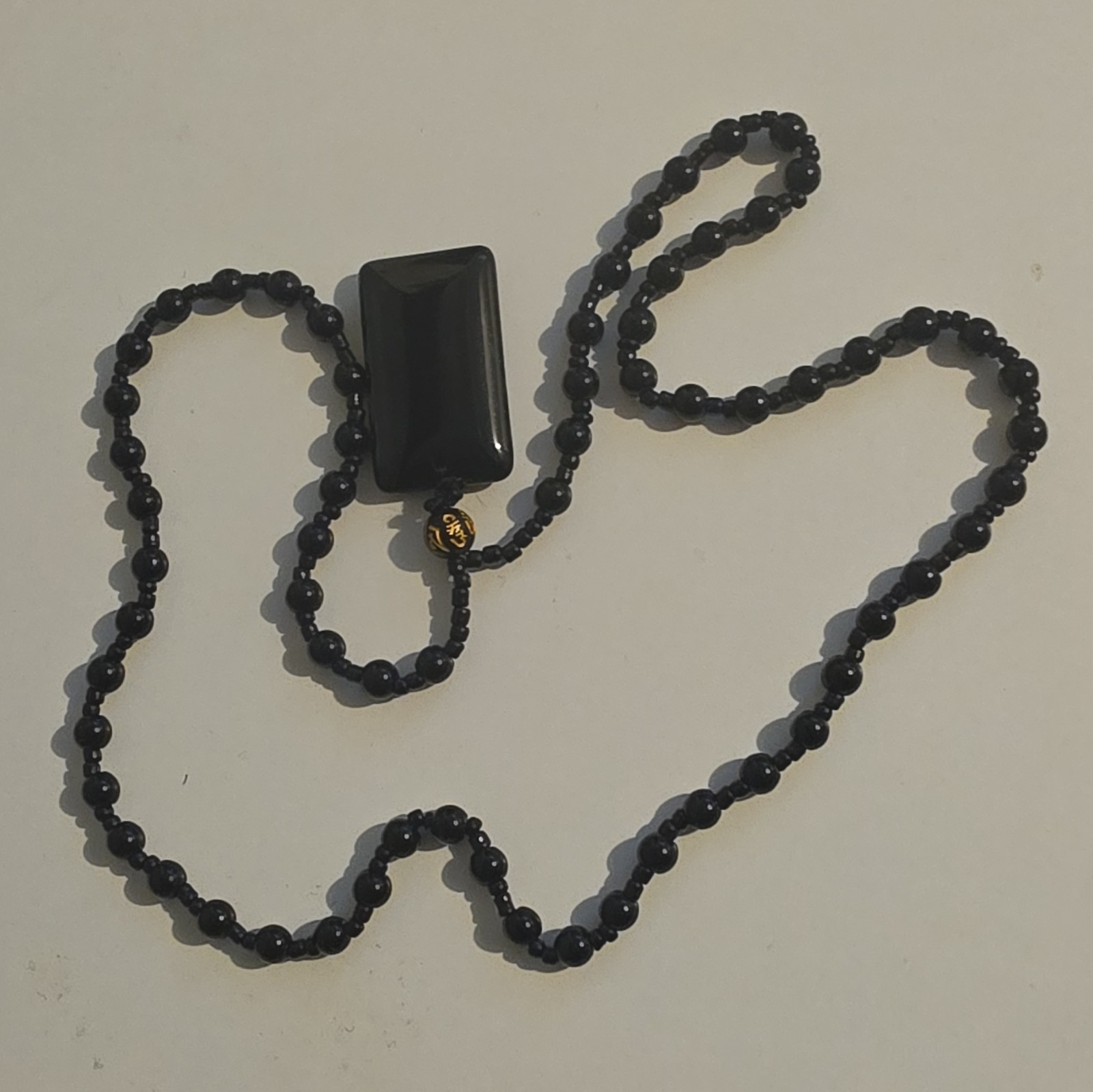 Black Stone Beaded Ball Chain Necklace with Rectangular Charm Pendant