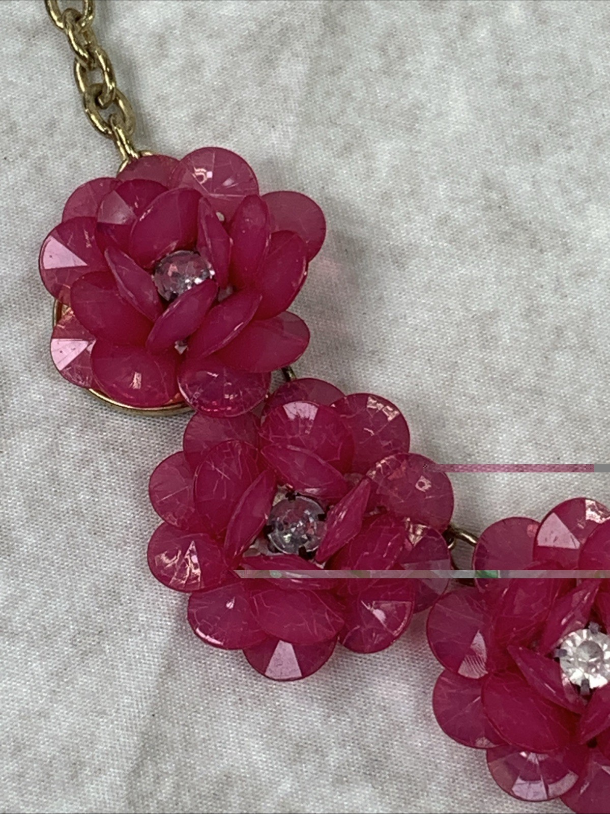 Womans Floral Necklace Pink Fuchsia Flowers and Clear Stones Gold Tone
