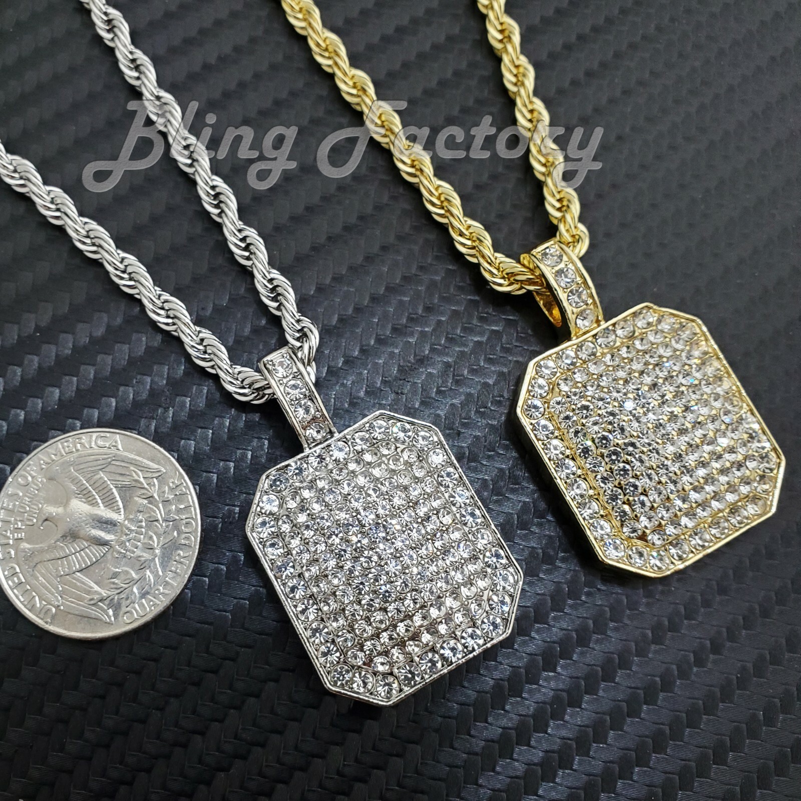 Hip Hop Iced DOG TAG Square Pendant & 4mm 24″ Rope Chain Fashion Bling Necklace