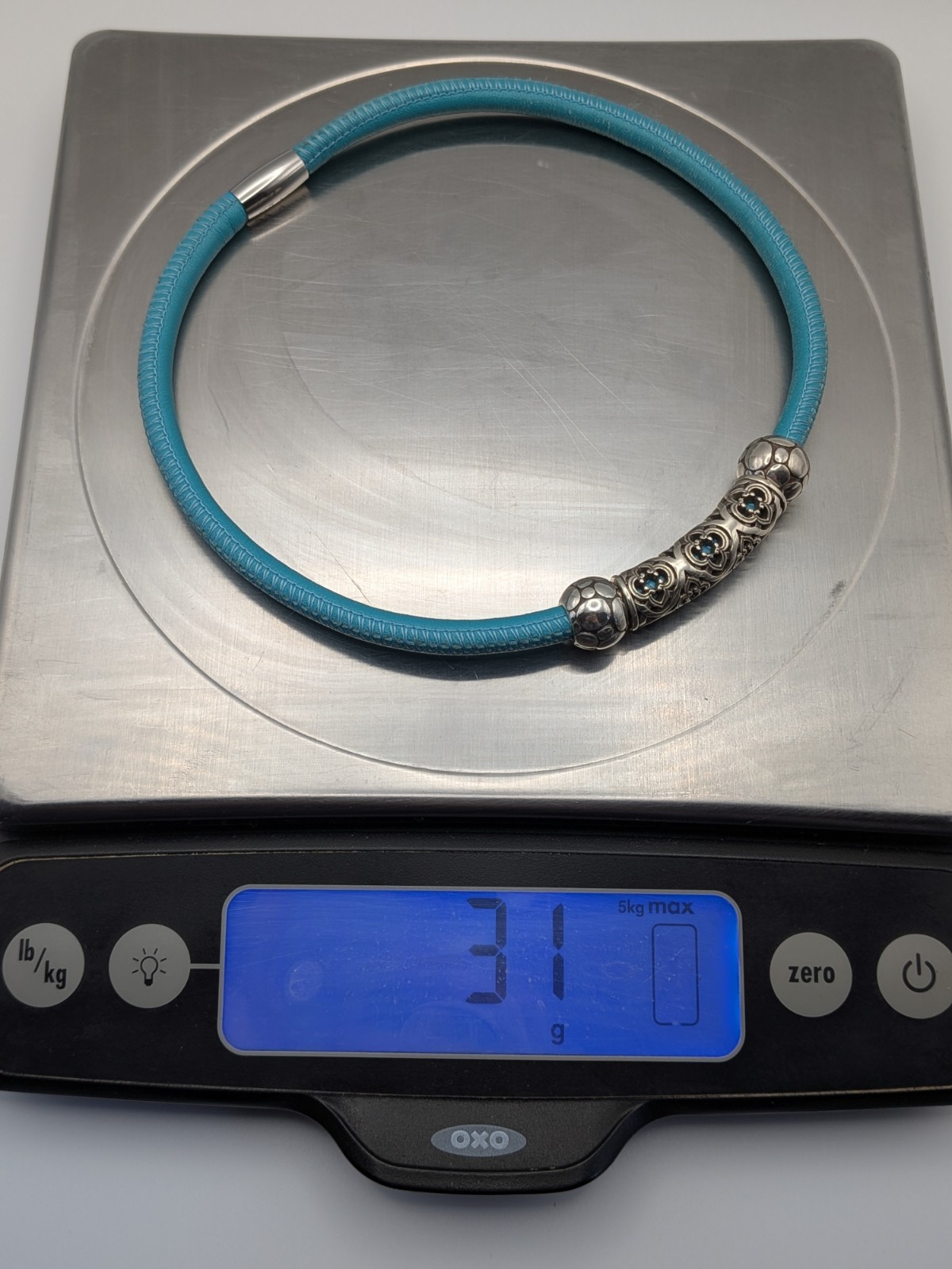 Brighton Faux Turquoise Leather Silver Beads Choker Necklace 15.5 Inches