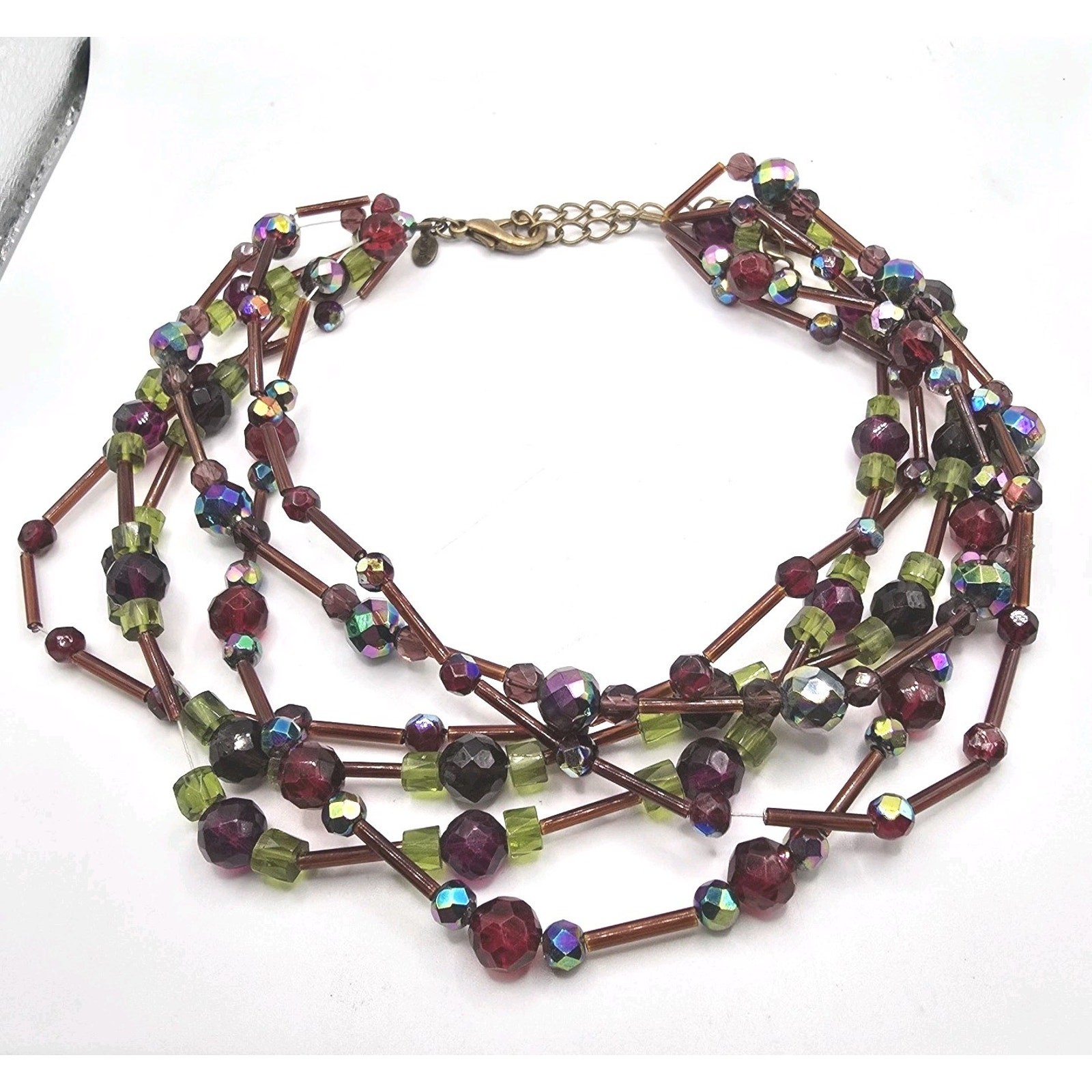 Chico’s Necklace Purple Oil Shimmer Beads Various Shapes Color 16″ 18″ SKU 3233