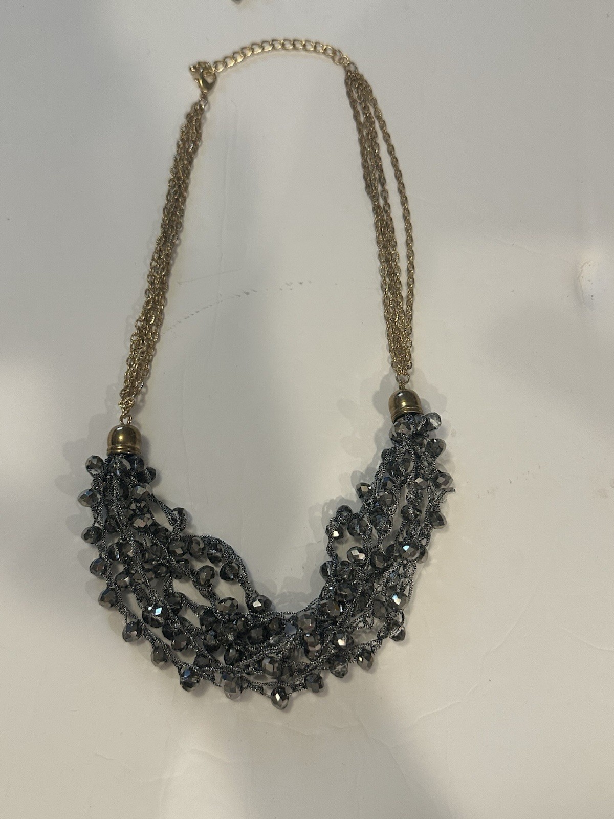 Smoky Gray Multi Strand Beaded Statement Necklace Gold Tone Boho Waterfall Bib