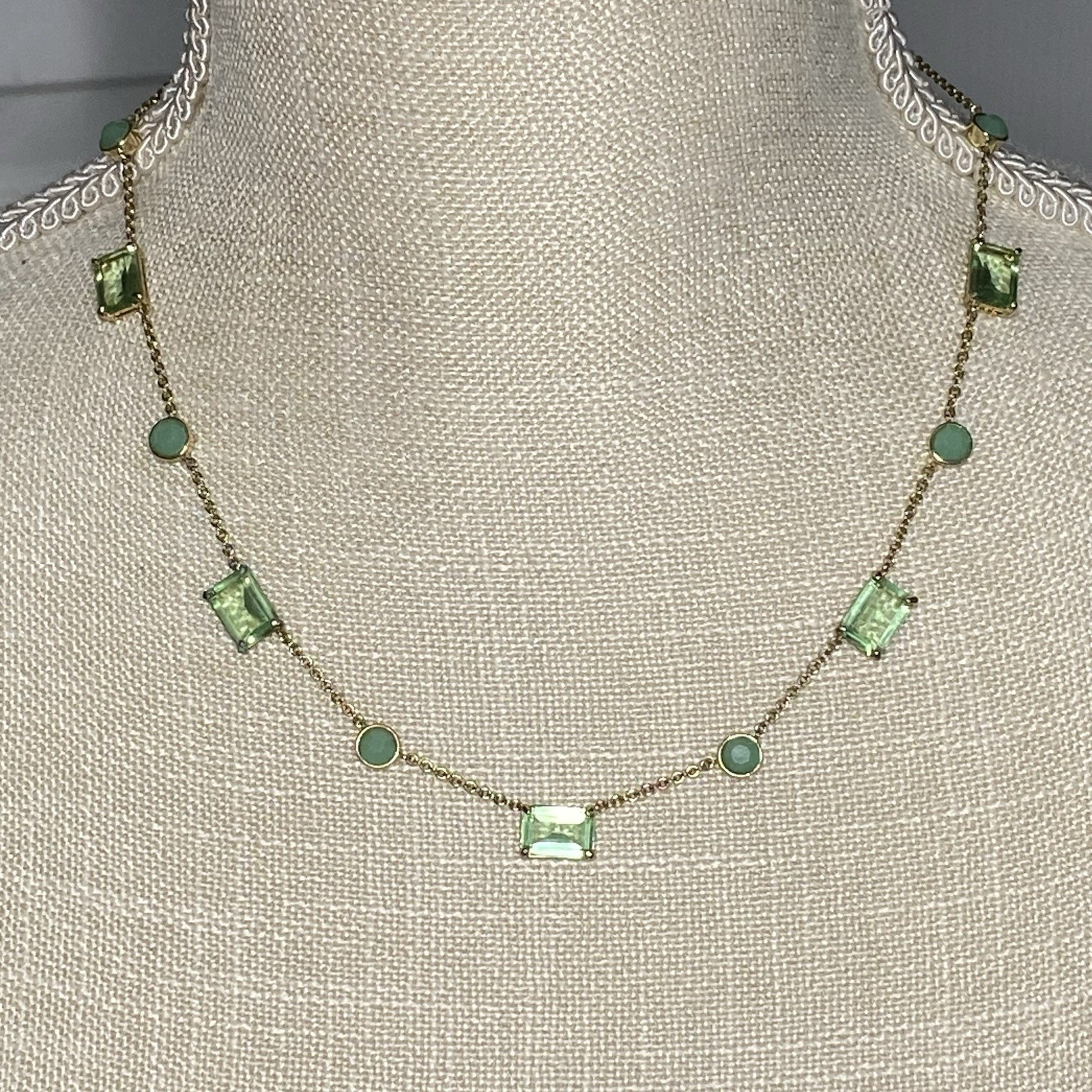 LRL Ralph Lauren Station Necklace Gold Tone With Green Emerald Cut Stones 16”