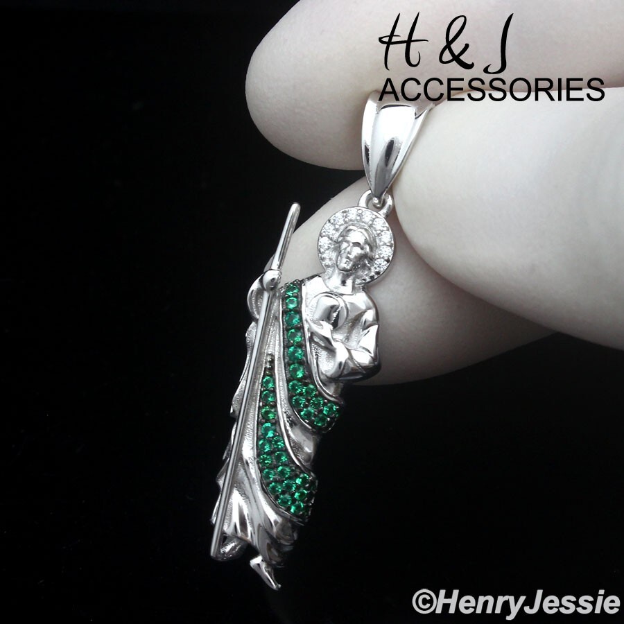 MEN SOLID 925 STERLING SILVER ICY GREEN CZ 3D SAN JUDAS ST.JUDE PENDANT*ASP490