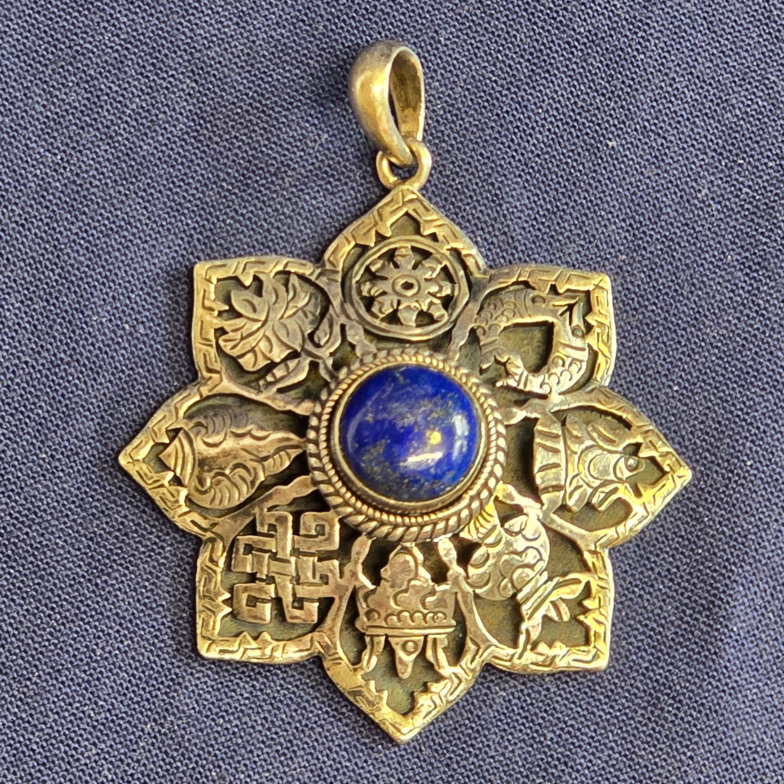 Sterling Silver Pendant 14.93g Jewelry Lapis Look Nepal Symbols Charm *READ*
