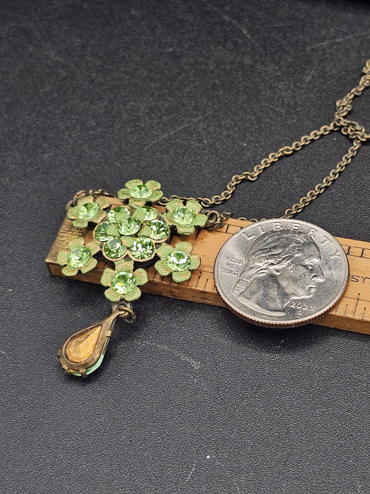 Signed Michal Negrin Peridot Green Swarovski Crystal Floral Necklace Bronze Tone