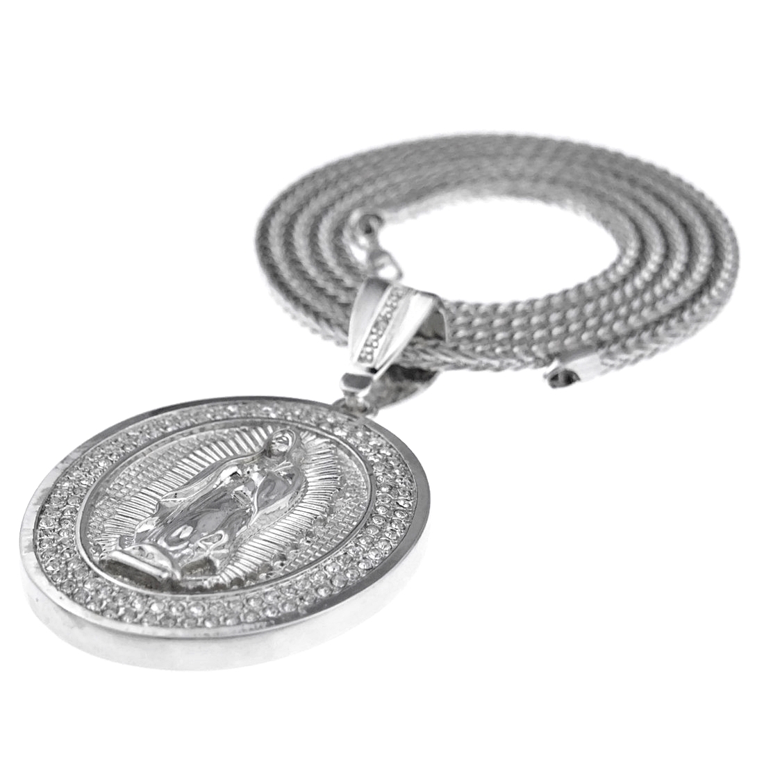 Virgin Mary Iced Simulated CZ Virgen De Guadalupe Silver Tone Franco Chain 36″