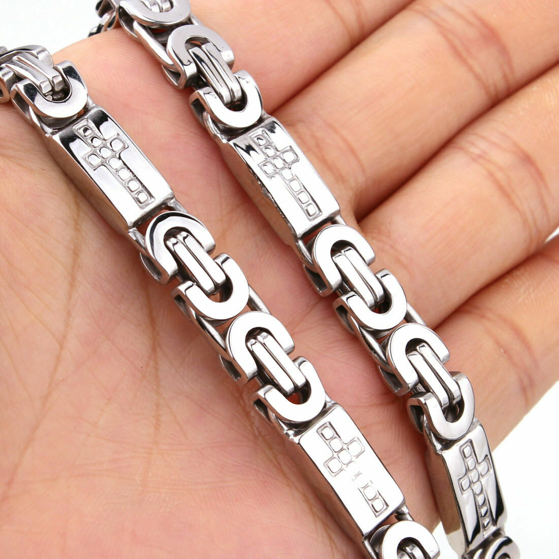 Men Women Silver Stainless Steel Byzantine Chain Necklace Bracelet Jewelry Set