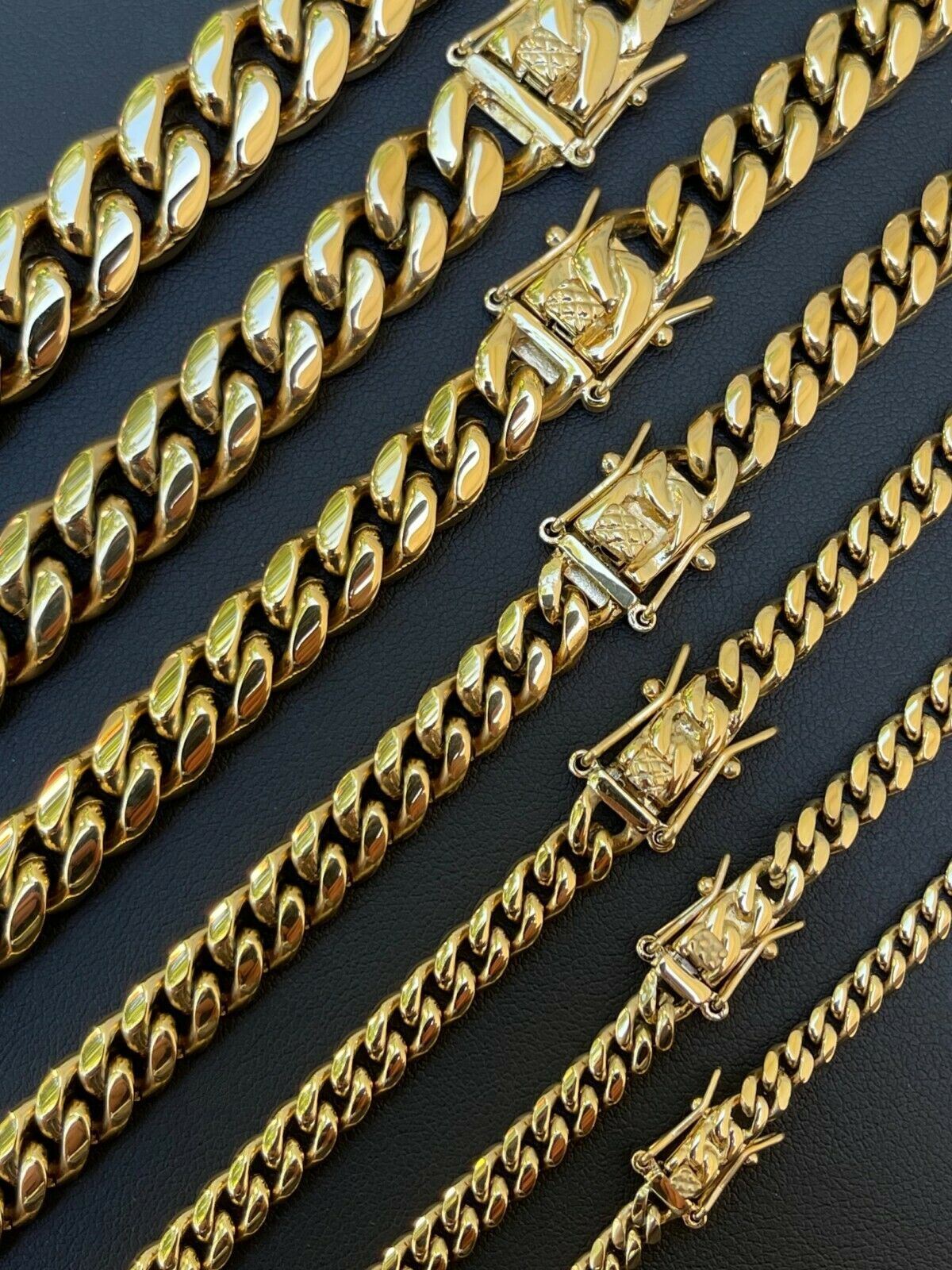 Cadena CUBANA o Pulsera De ACERO INOXIDABLE Bañado En Oro 14K en tamaños 4-14mm