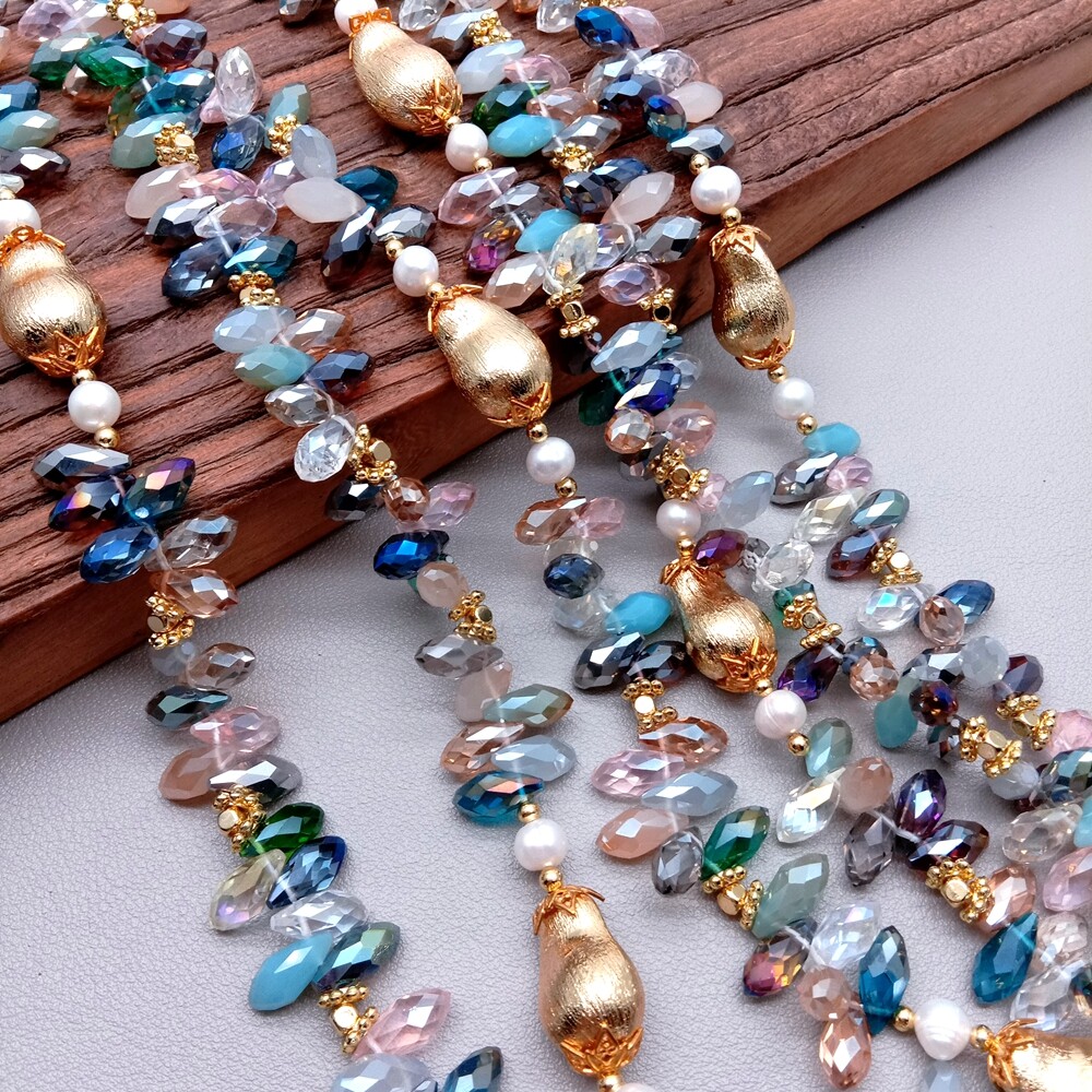 3 Strands Cultured White Pearl Multi Color Crystal Statement Necklace