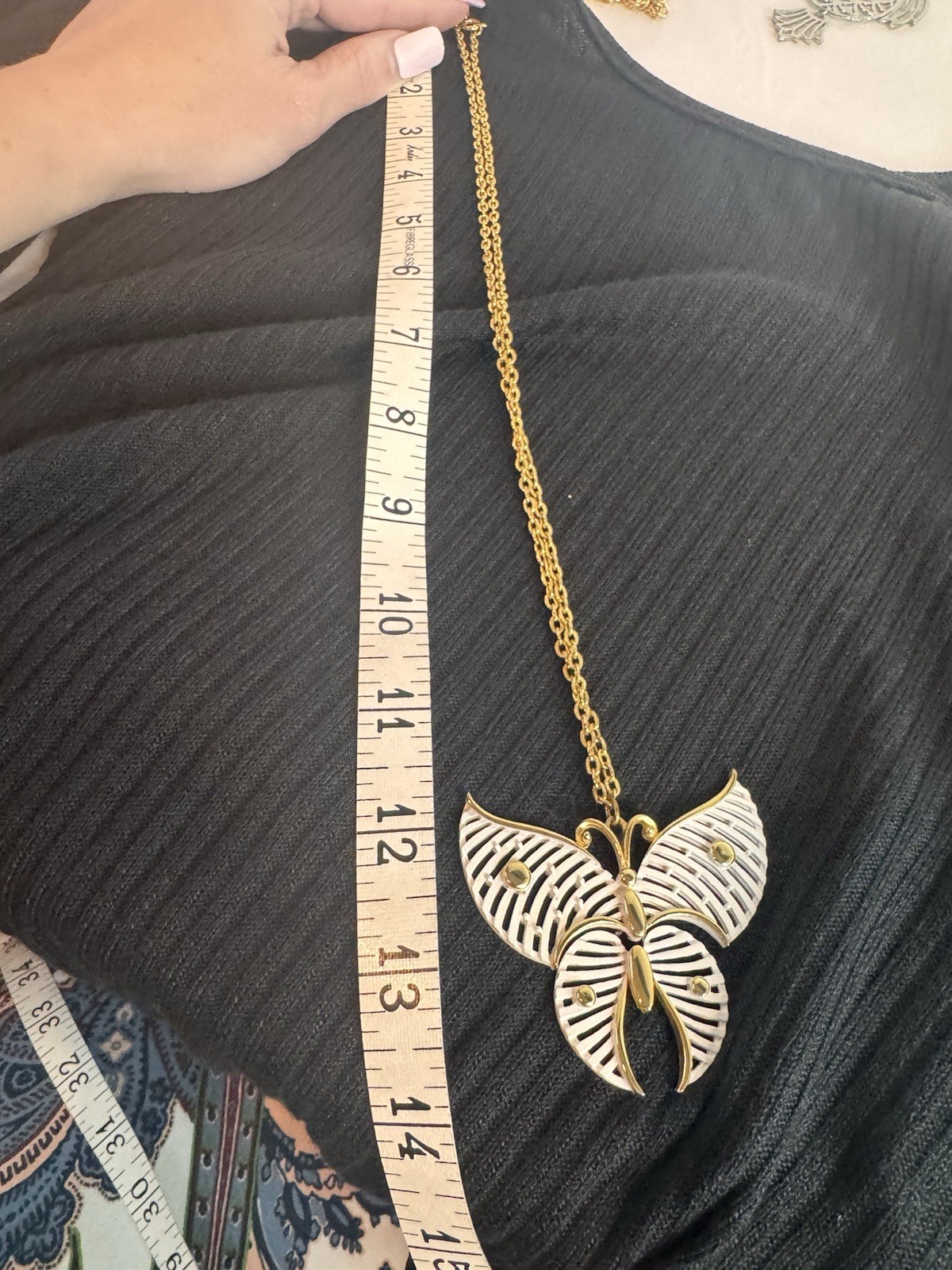 Vintage Butterfly Necklace White And Gold On Long Gold Tone Chain