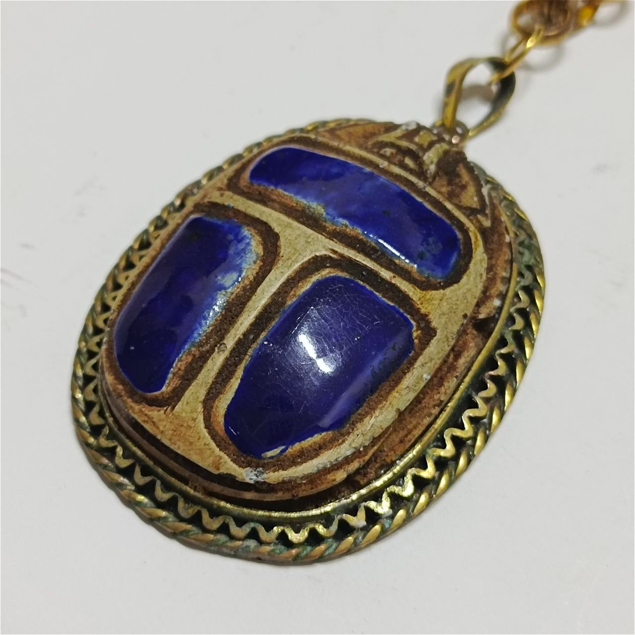 Vintage Brass Scarab Pendant Necklace Blue Inlay Classic Egyptian Style Jewelry