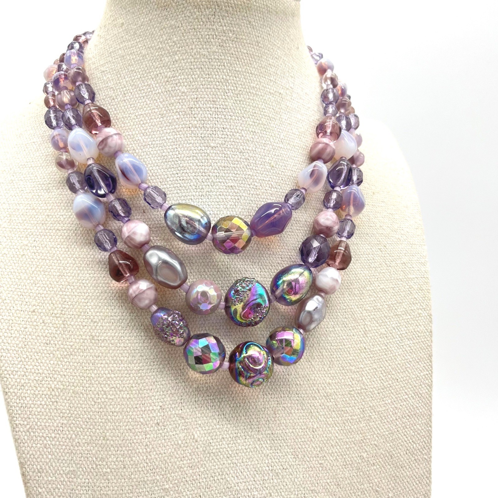 Vintage Germany Purple Iridescent Art Glass Triple Strand Beaded Necklace 16in