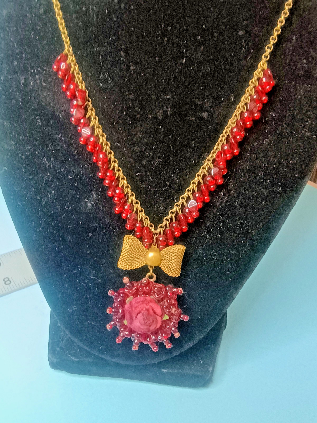 MICHAEL NEGRIN VICTORIAN REVIVAL BRASS GARNET BEADS ROSE PENDANT NECKLACE
