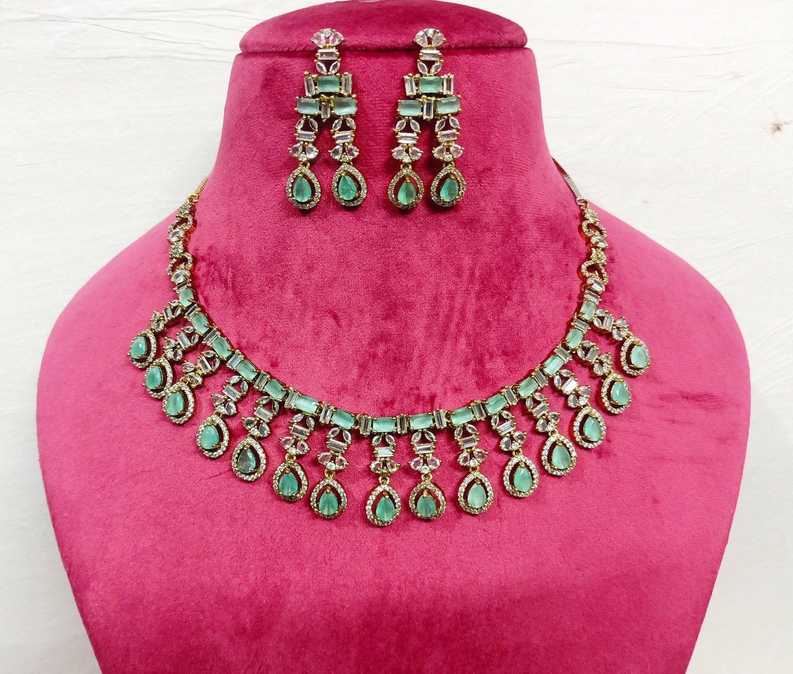 Mint Bridal CZ Necklace Earring Antique Plated Party Wear Wedding Choker Jewelry