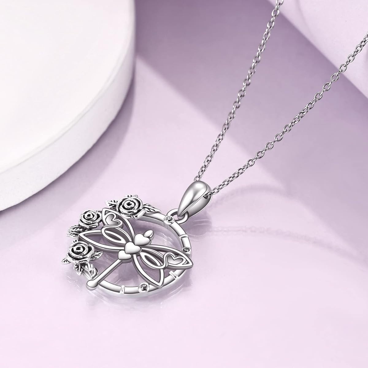 US Seller, Sterling Silver 925 Hearts & Flowers Dragonfly Compass, 18+2″ Chain