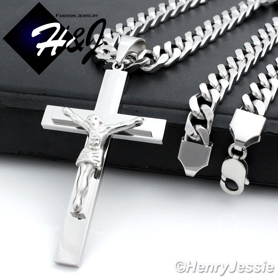 20″MEN Stainless Steel 9x4mm Silver Cuban Curb Chain Necklace Cross Pendant*BJ1