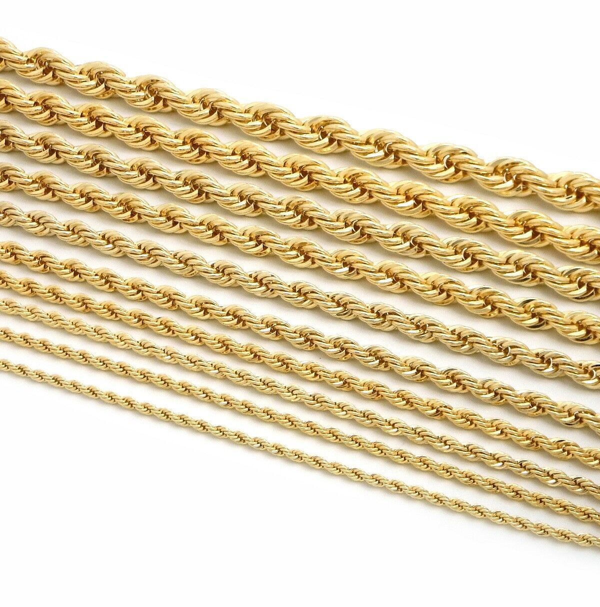 Hip Hop Rope Chain Necklace 2mm to 10mm 16″ 18″ 20″ 24″ 30″ 36″ 14K Gold Plated
