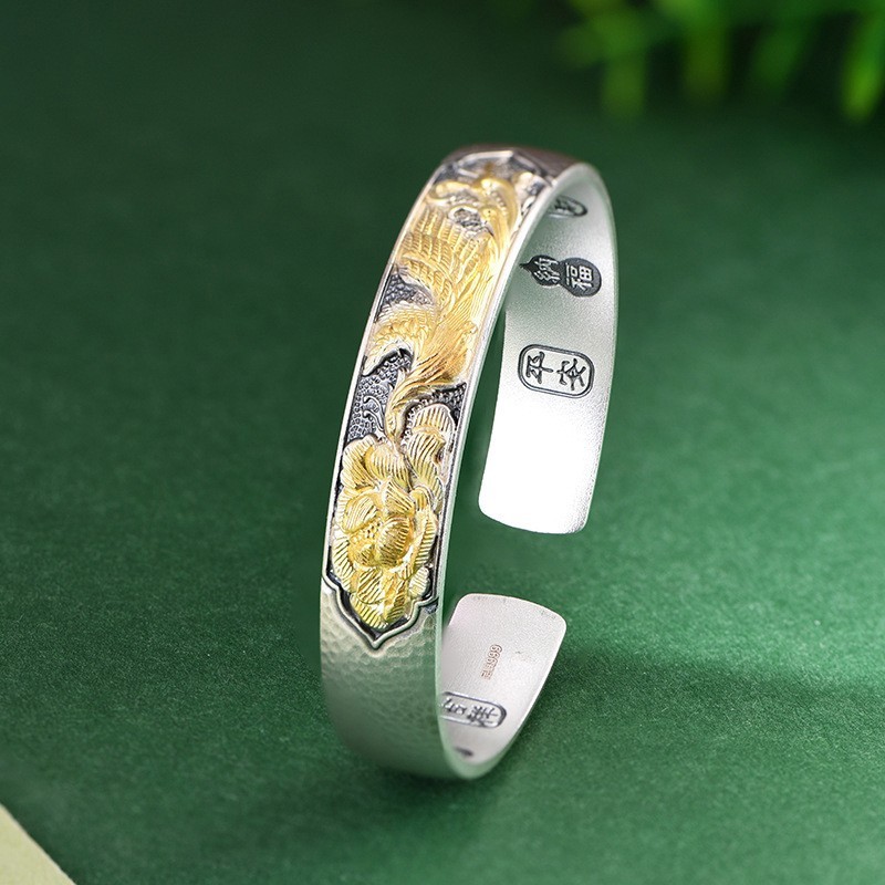 Gilded Phoenix Peony Wide Cuff Bangle Chinese Blessing 999 Solid FineSilver Gold