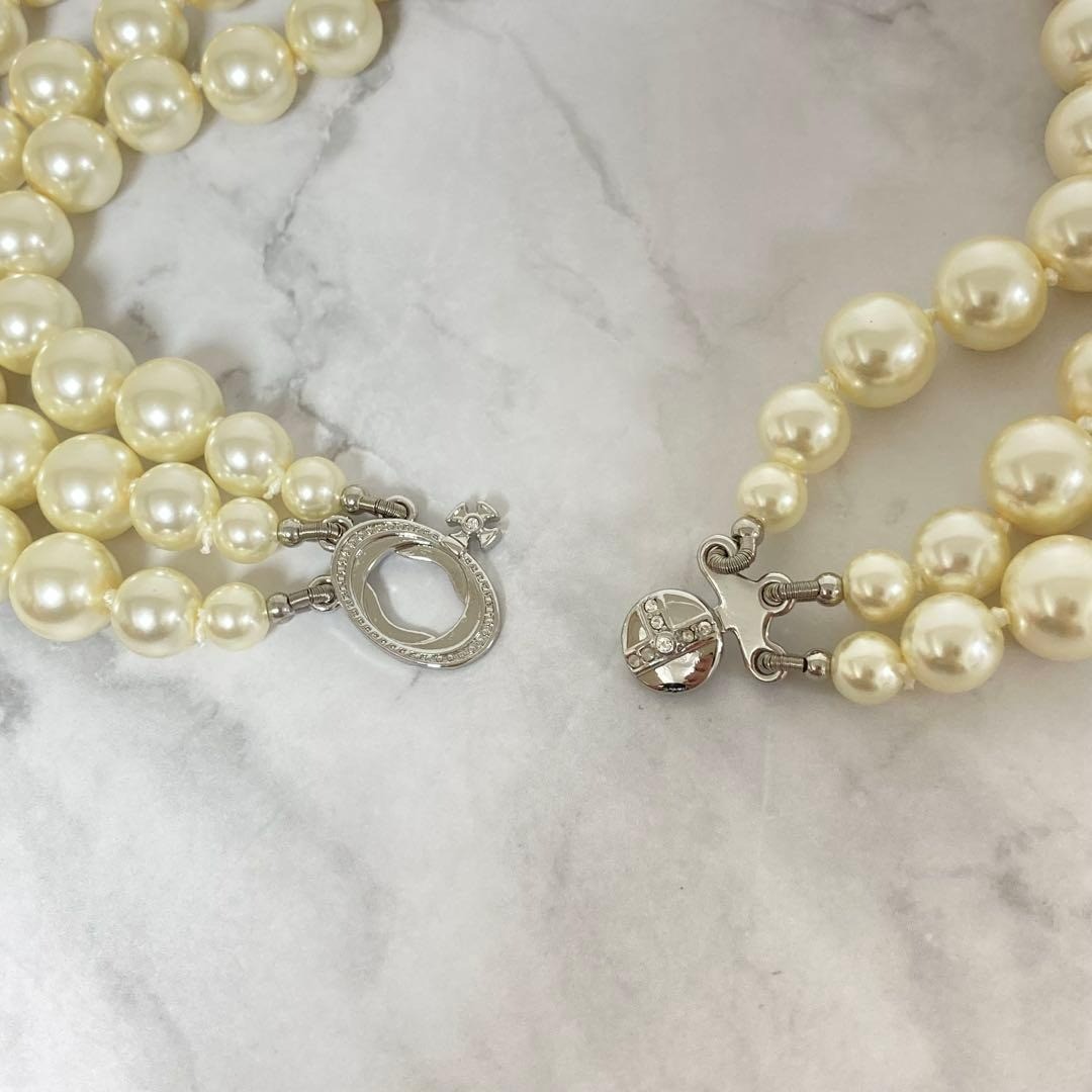 Vivienne Westwood Necklace 3-strand Pearl Drop Silver w/drawstring [E0155