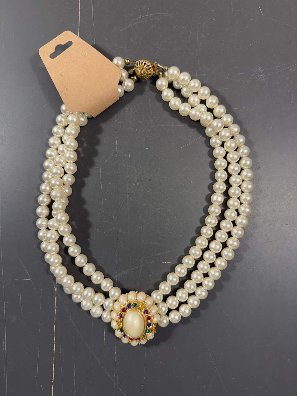 Vintage Triple Strand Faux Pearl Necklace Gold Tone Multi-Color Rhinestone