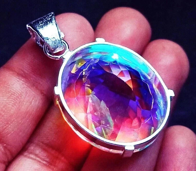 A+ Natural Mystic Topaz Rainbow Pendant 78 Ct Oval 925 Sterling Silver MR Gems