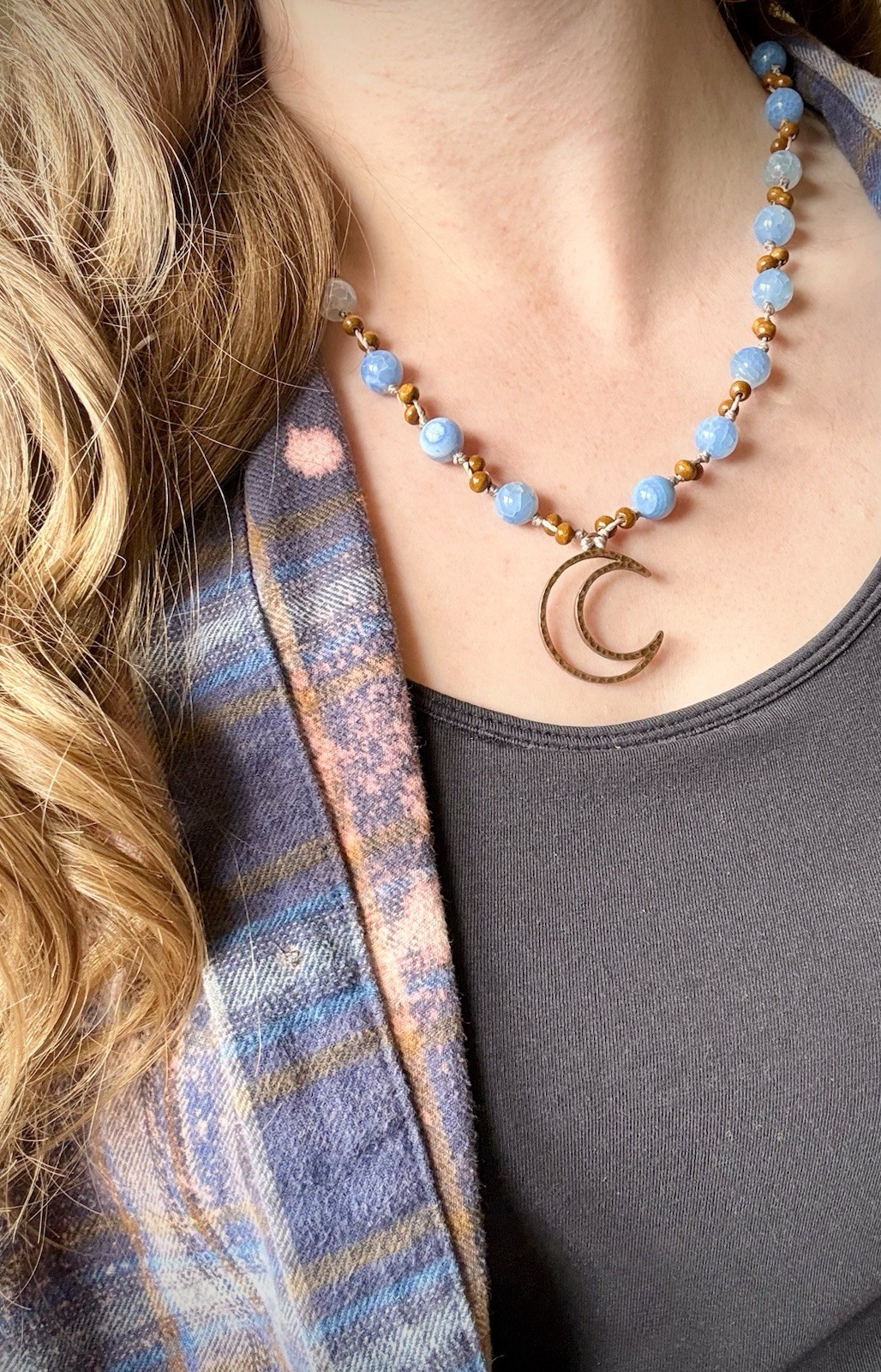 Copper Moon Pendant Necklace w/ Blue Banded Crackle Agate Crystal USA Artisan