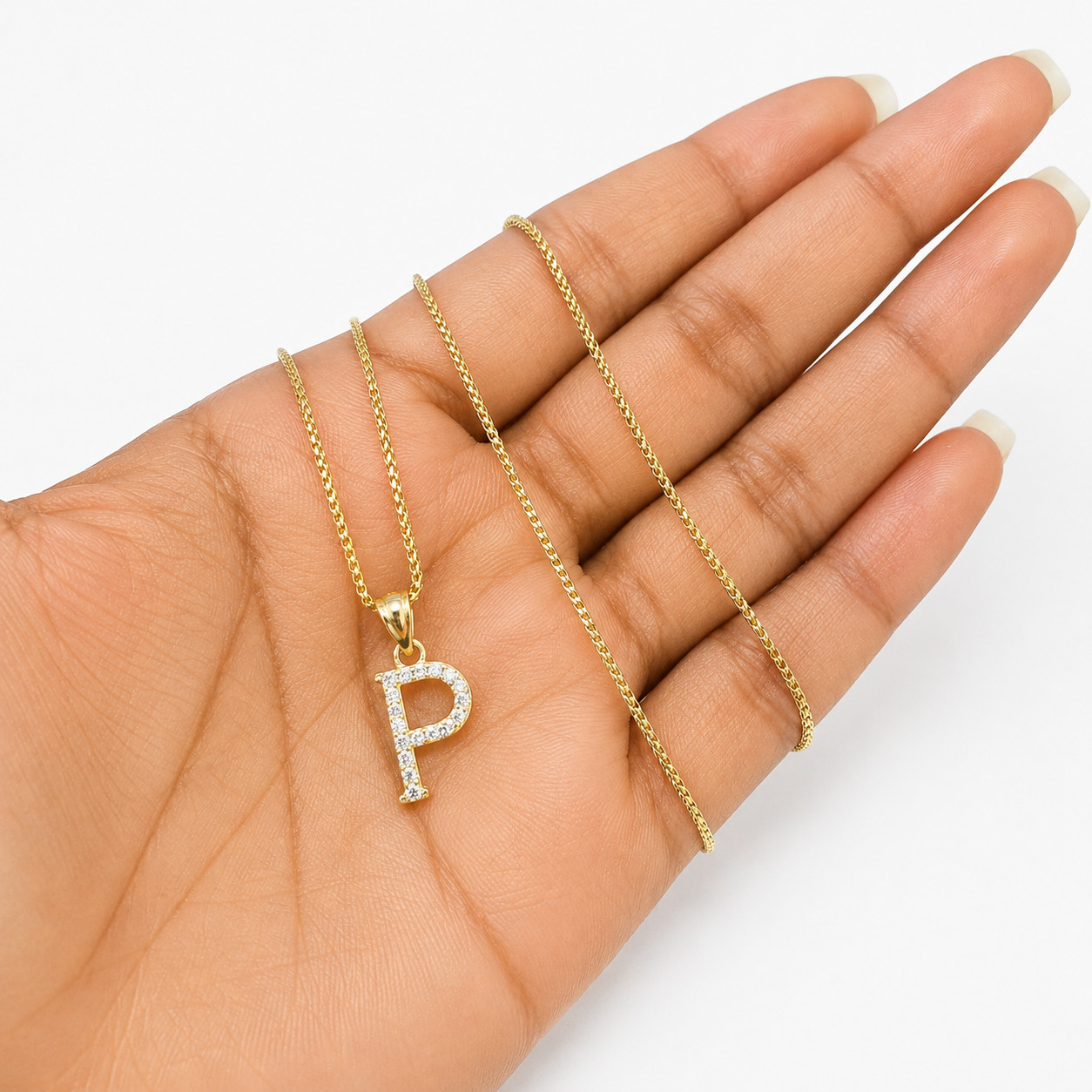 10K Gold Solid Franco Chain P Initial CZ Stone Pendant Set 1mm 16 18 20 22 Women
