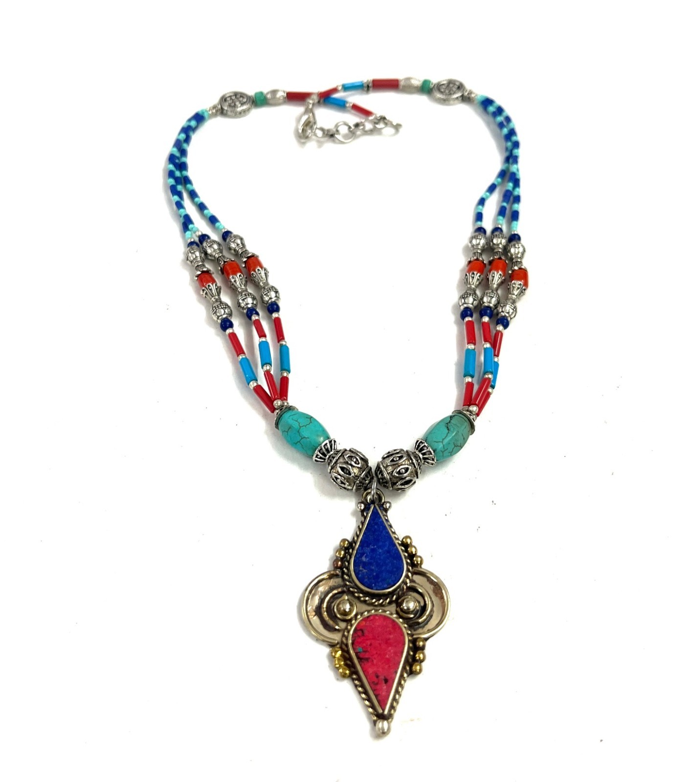 Red Coral Turquoise Gemstone Tibetan Handmade Necklace Jewelry, 18 Inc Adjst