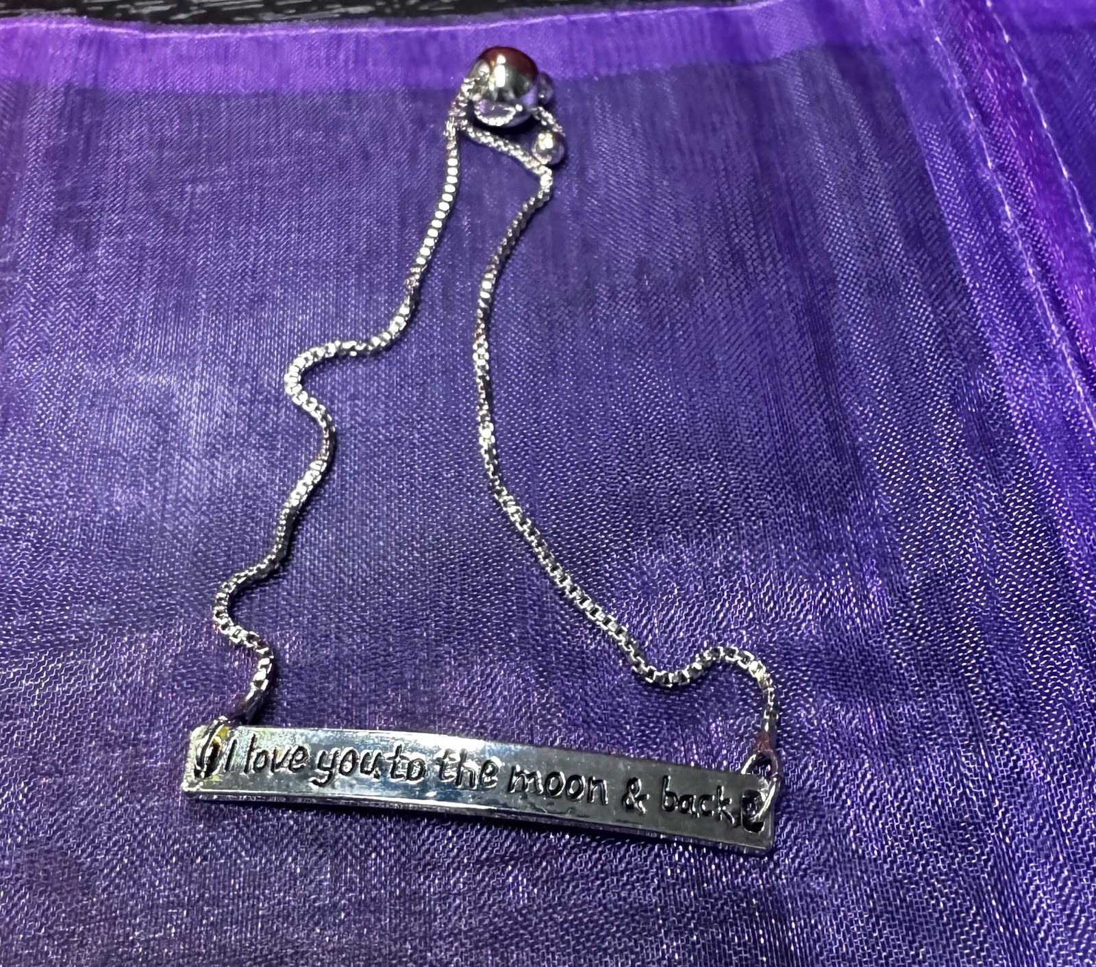 Silver Tone Engraved Bar Bracelet “I Love You To The Moon And Back” Adjustable