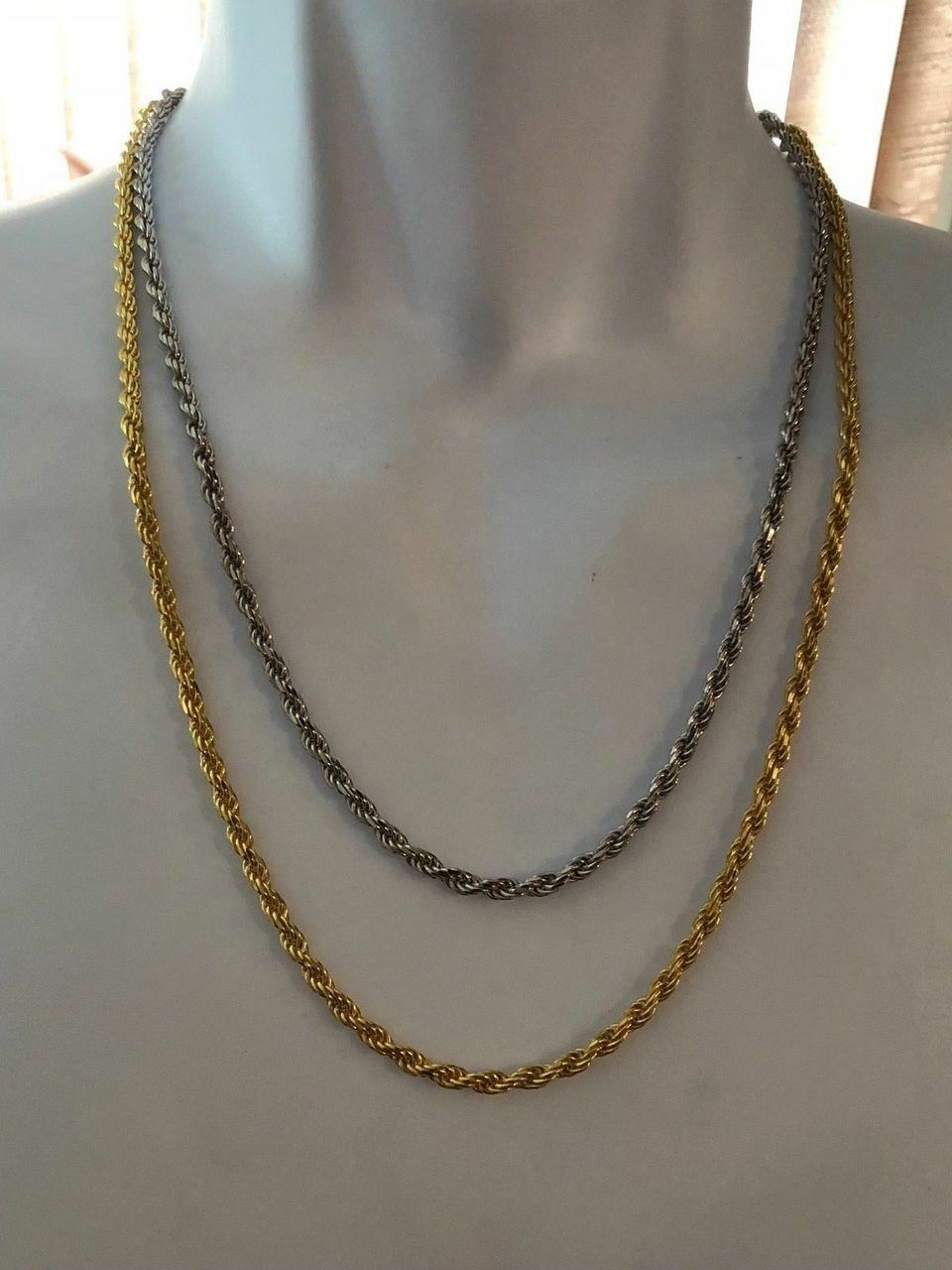 Men’s Solid 925 Sterling Silver / 14k Gold Plated Rope Chain Heavy 4mm ITALY
